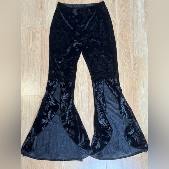 Pants - Velvet Burnout Lace Panel Slim Bell Bottoms Gothic Grunge Witchy Medium VGUC